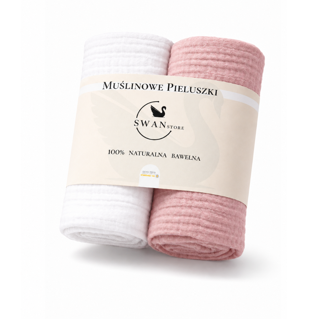 Pieluchy muślinowe 60×60, komplet 2 sztuki- brudny róż, biały