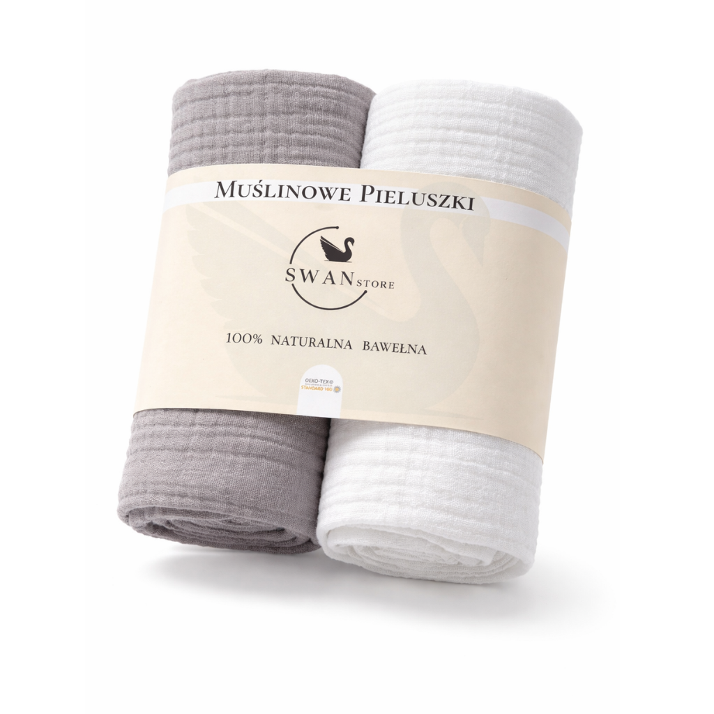 Pieluchy muślinowe 60×60, komplet 2 sztuki- szary, biały