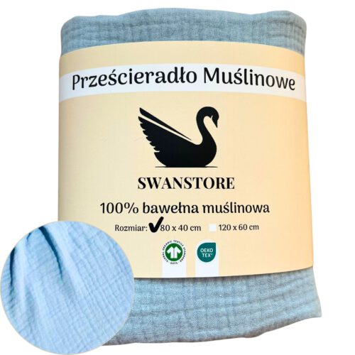 Prześcieradło muślinowe do wózka gondoli kołyski z gumką 80x40 niebieski - obrazek 3