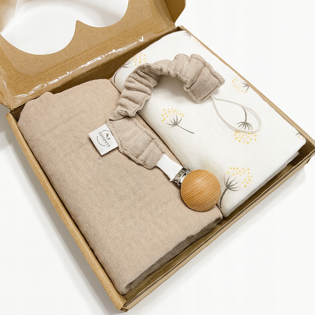 Box prezentowy mały: 2x Pielucha 60x60 cm, zawieszka- beżowy - obrazek 3