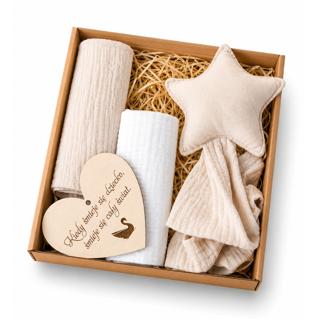 Baby Shower Box prezentowy: 2 xPieluszki, Przytulak- beżowy,boho