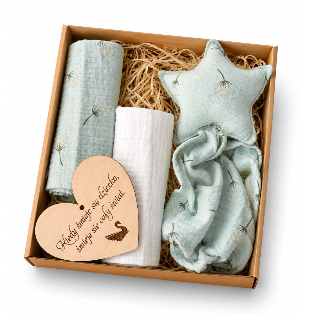Baby Shower Box prezentowy: 2 xPieluszki, Przytulak- miętowy dmuchawiec
