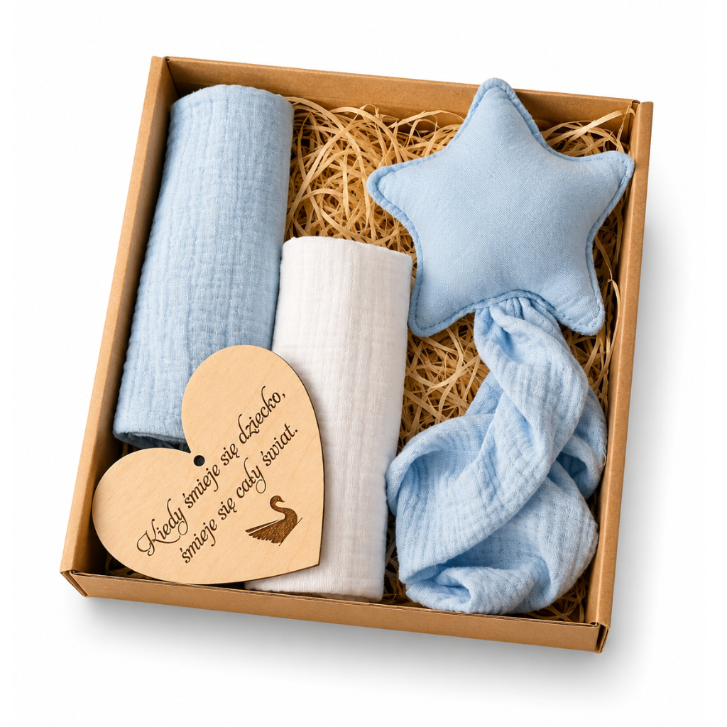 Baby Shower Box prezentowy: 2 xPieluszki, Przytulak- niebieski