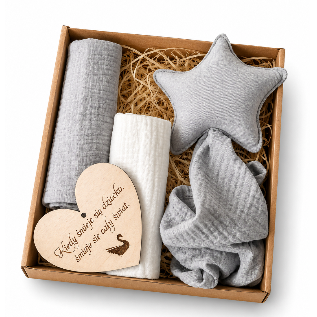 Baby Shower Box prezentowy: 2 xPieluszki, Przytulak- szary