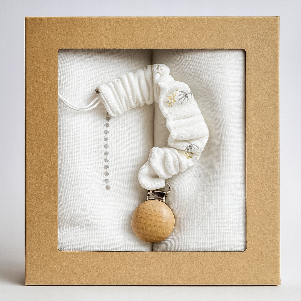 Box prezentowy mały: 2x Pielucha Tetra 60x80, Zawieszka biały dmuchawiec