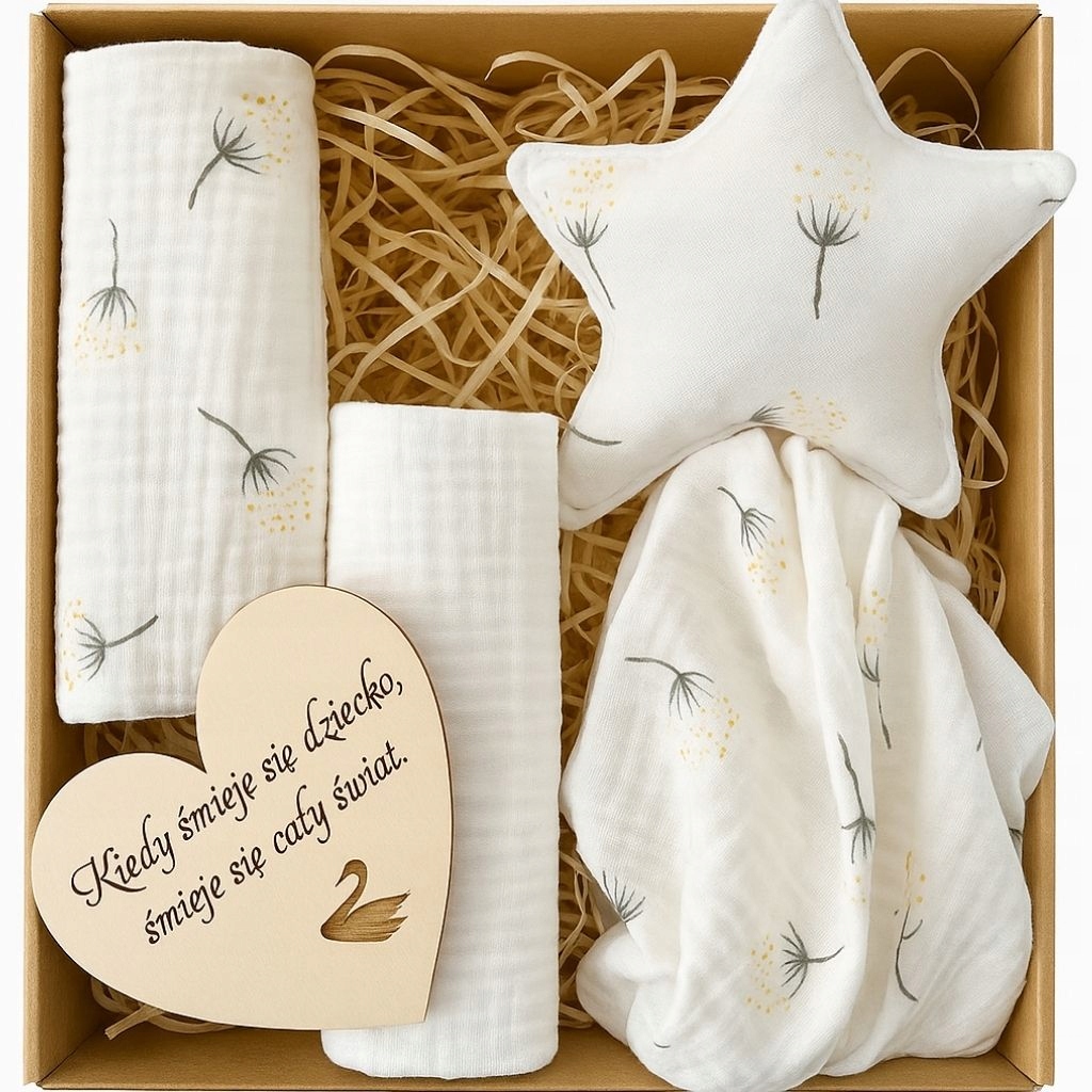 Baby Shower Box prezentowy: 2 xPieluszki, Przytulak- biały dmuchawiec