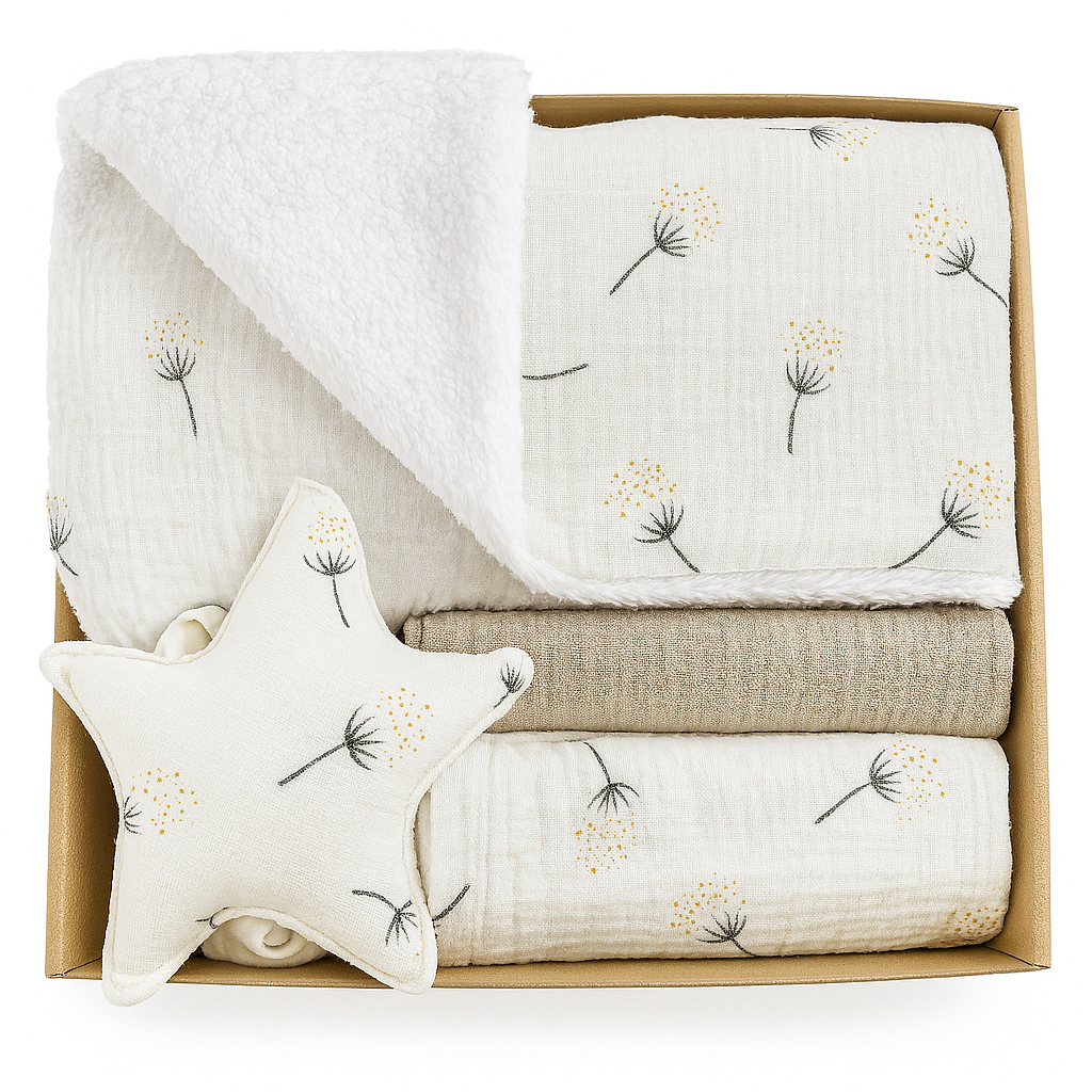 Box prezentowy: Kocyk Teddy Biały dmuchawiec 2x Pieluszki, Przytulak gwiazdka - obrazek 2