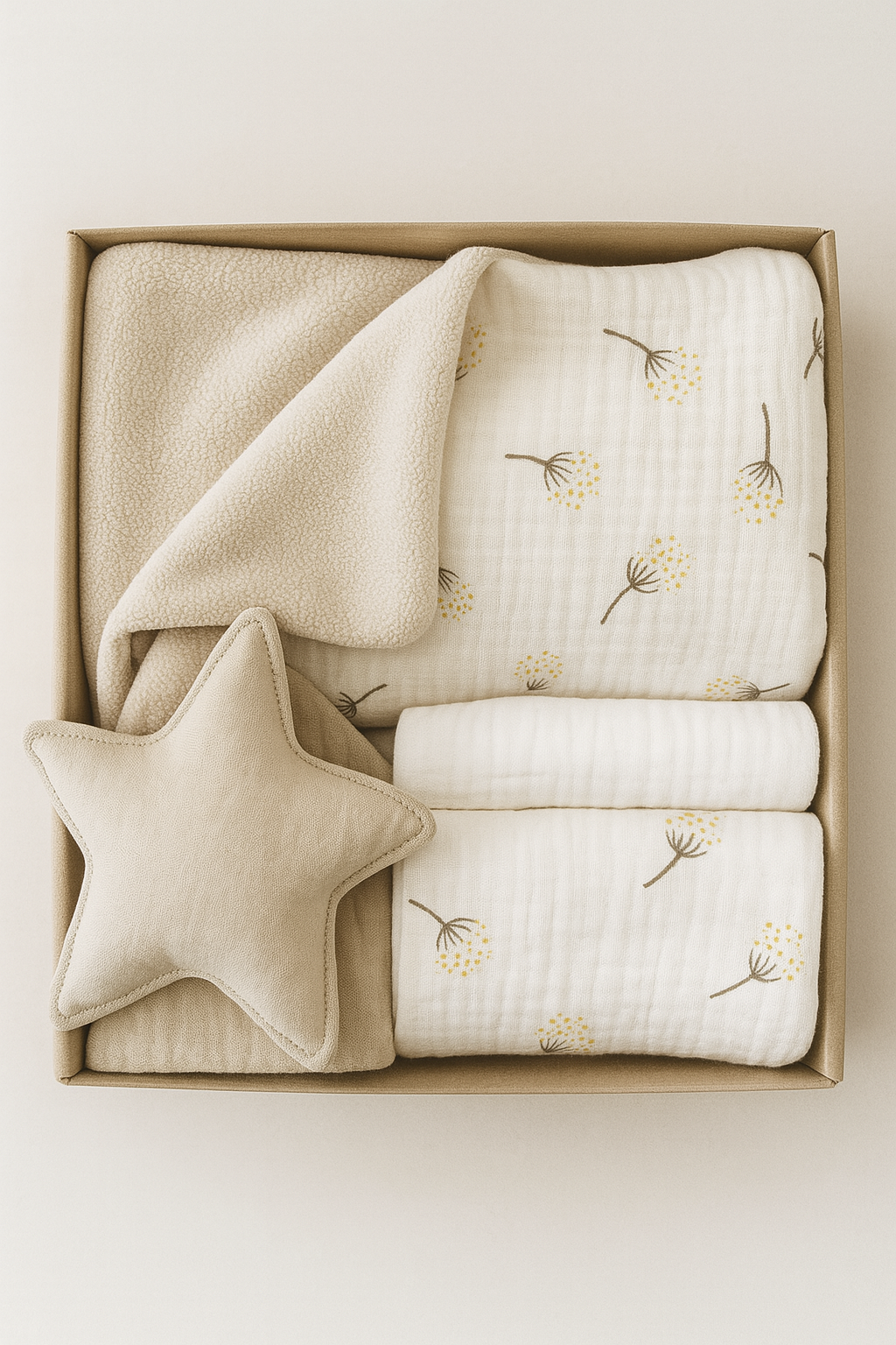 Box prezentowy: Kocyk Polar Biały dmuchawiec 2x Pieluszki, Przytulak gwiazdka - obrazek 2