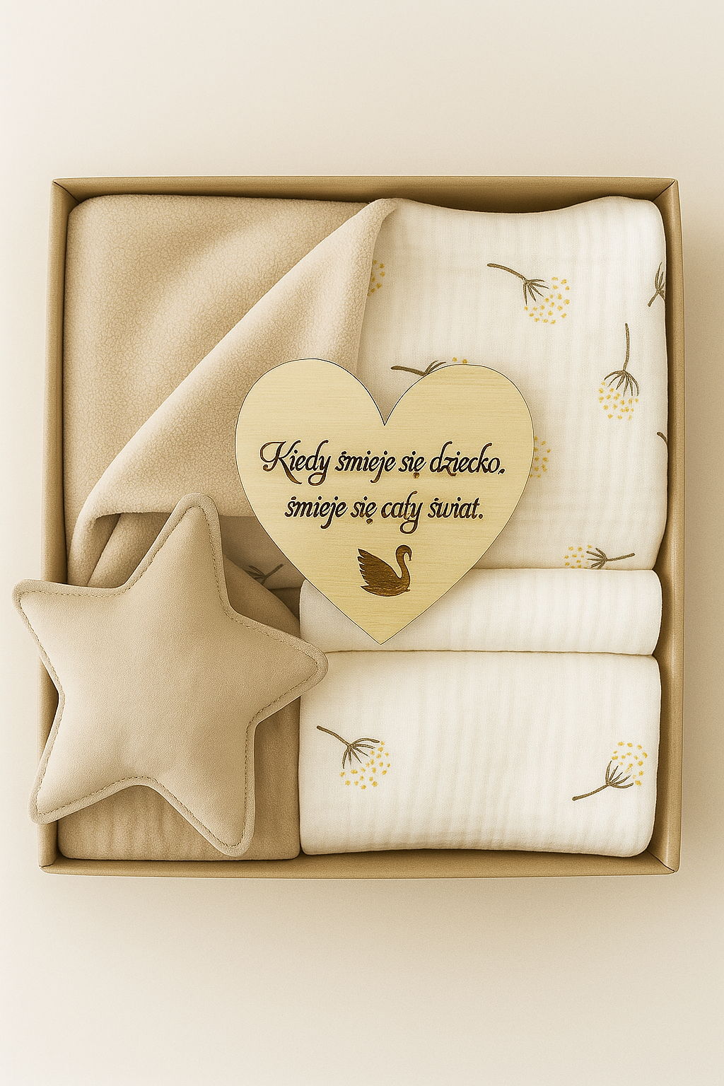 Box prezentowy: Kocyk Polar Biały dmuchawiec 2x Pieluszki, Przytulak gwiazdka