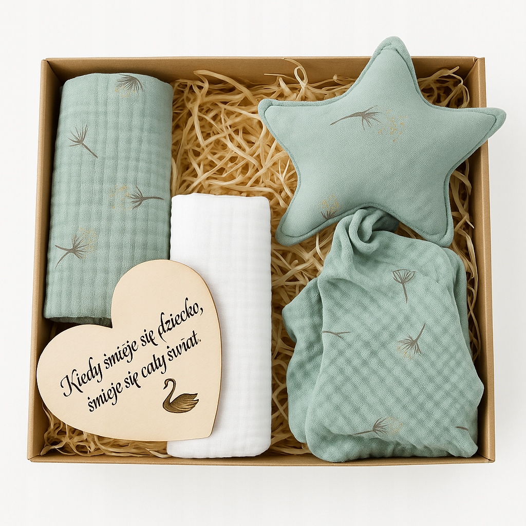 Baby Shower Box prezentowy: 2 x Pieluszki, Przytulak- zielony dmuchawiec