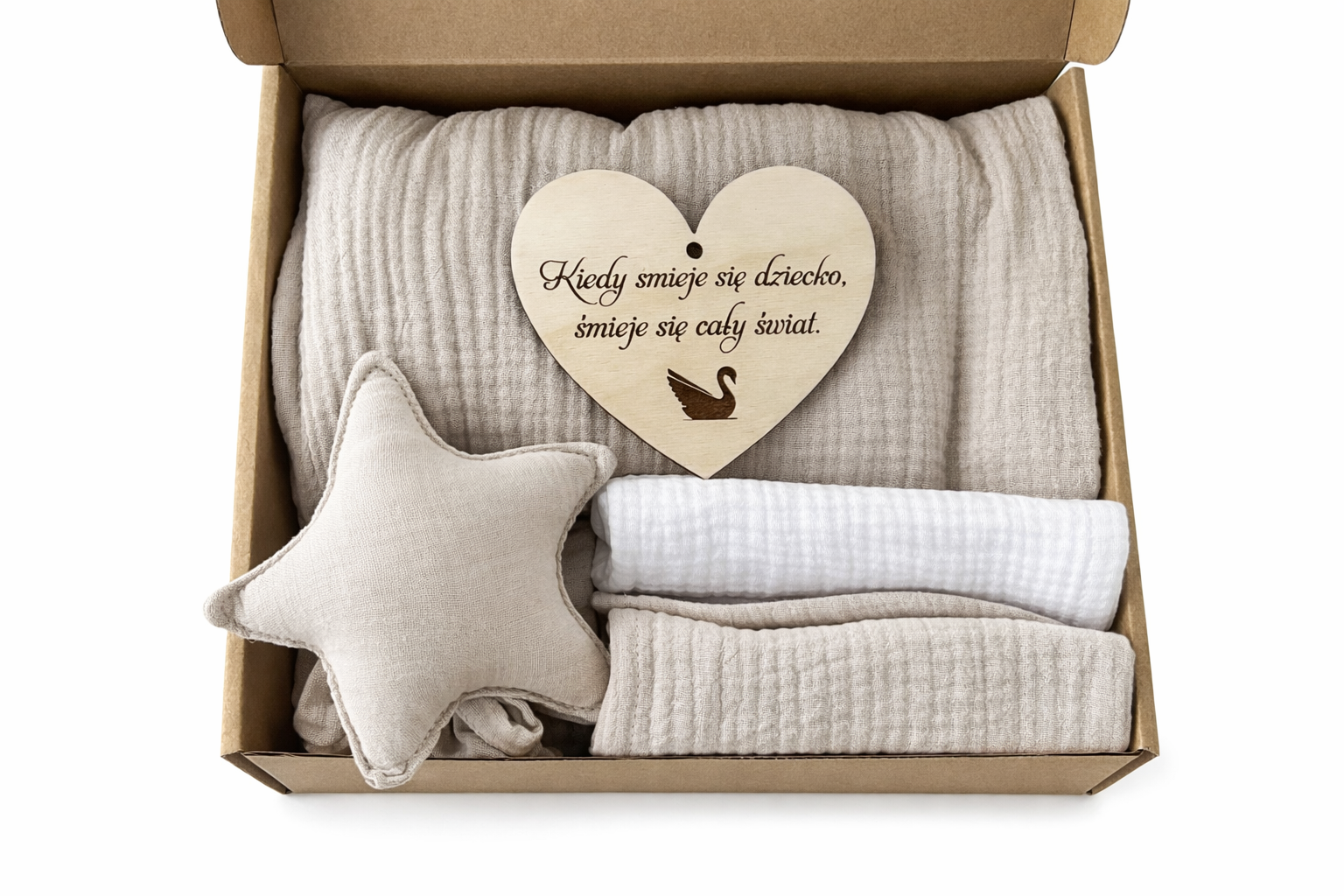 Box prezentowy: Otulacz Muślinowy,2×Pieluszki, Przytulak-beżowy
