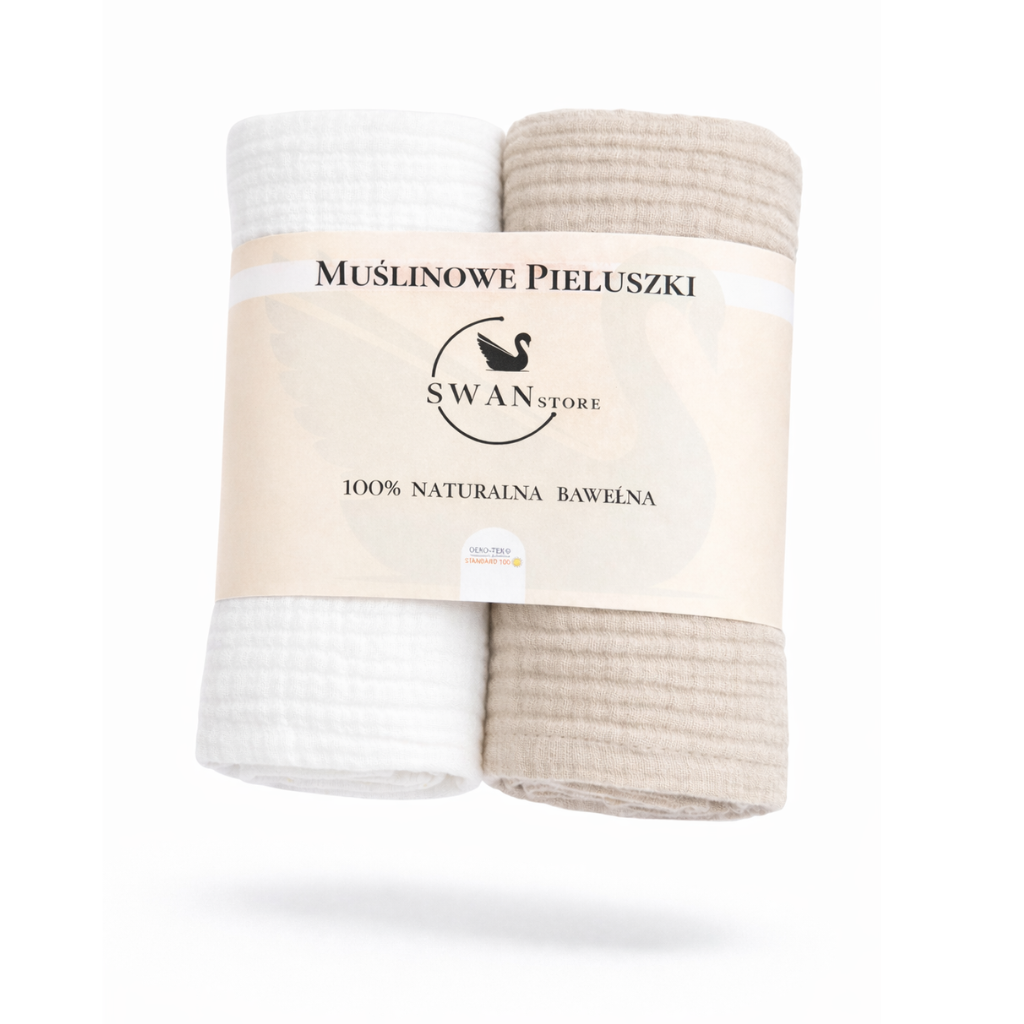 Pieluchy muślinowe 2szt. 60x60,komplet- beżowy, biały,100% bawełna