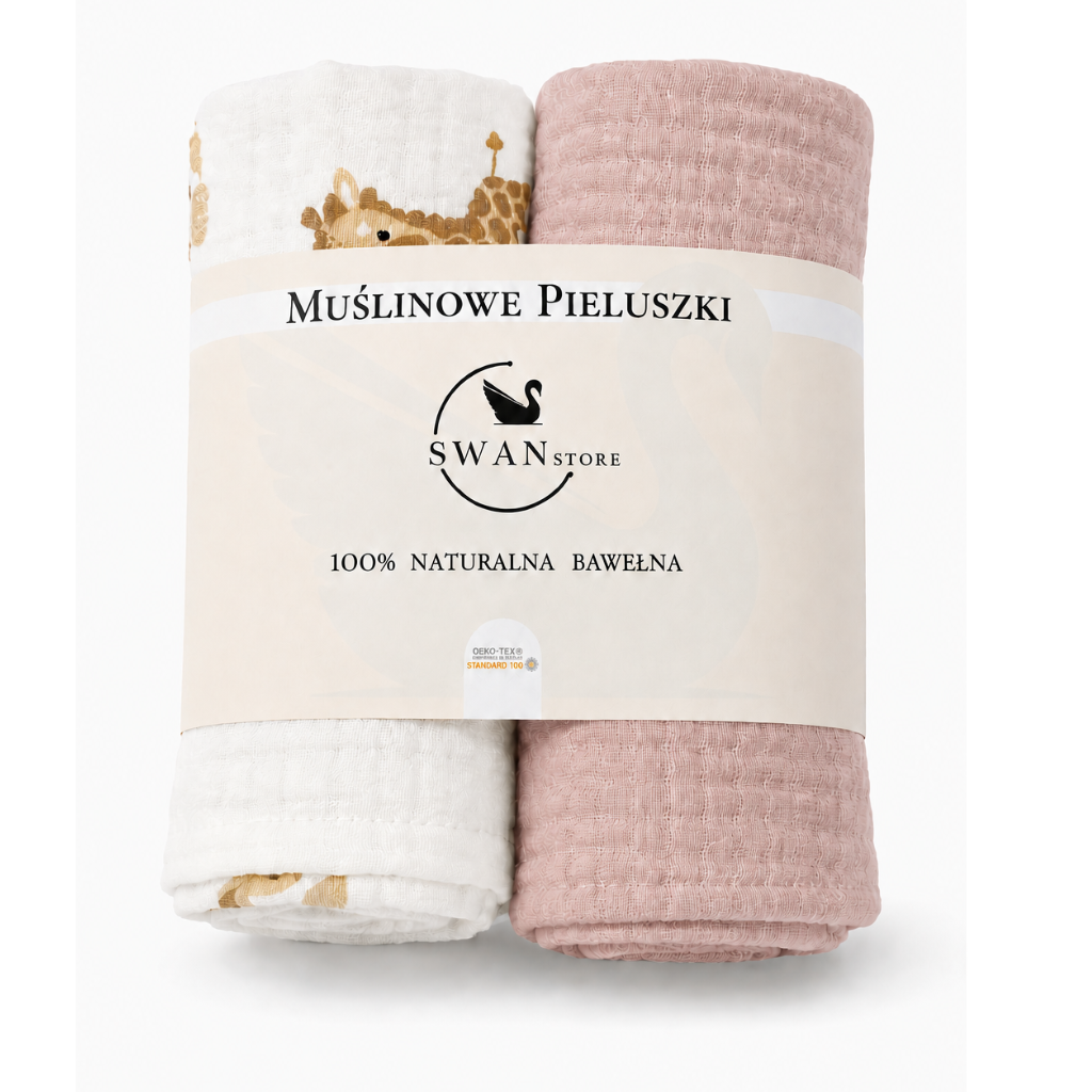 Pieluchy muślinowe 2szt. 60x60,komplet-biały w mini zoo, brudny róż