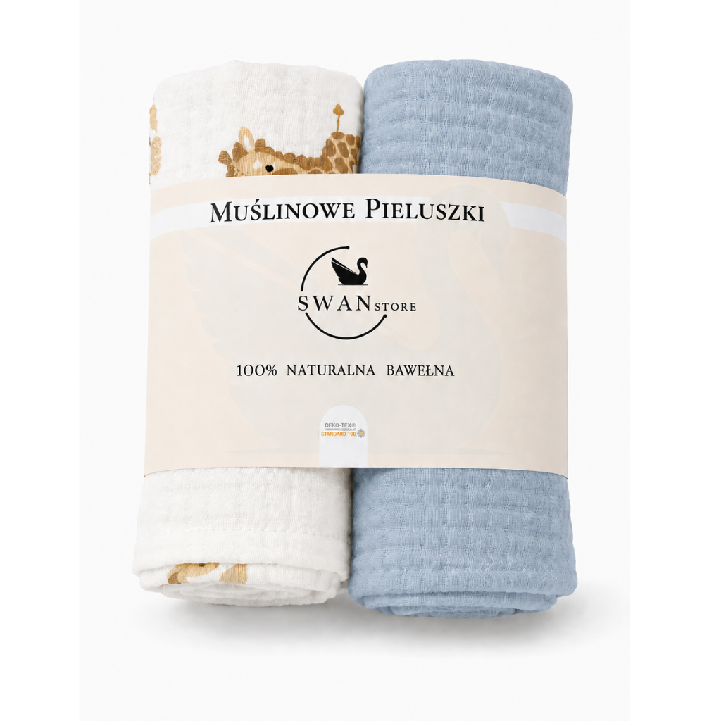 Pieluchy muślinowe 2szt. 60x60,komplet-biały w mini zoo, niebieski