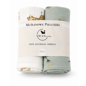 Pieluchy muślinowe 2szt. 60x60,komplet-biały w mini zoo,miętowy w dmuchawce