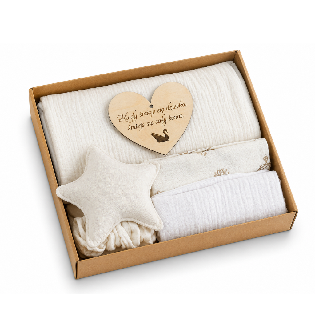 Baby Shower Box prezentowy: Otulacz Muślinowy,2×Pieluszki, Przytulak-biały