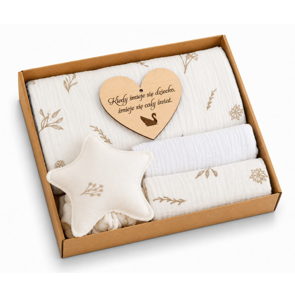 Baby Shower Box prezentowy: Otulacz Muślinowy,2×Pieluszki, Przytulak-boho