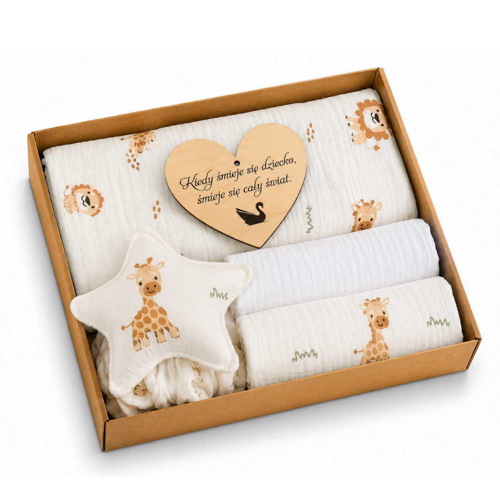 Baby Shower Box prezentowy: Otulacz Muślinowy,Pieluszki, Przytulak-mini zoo