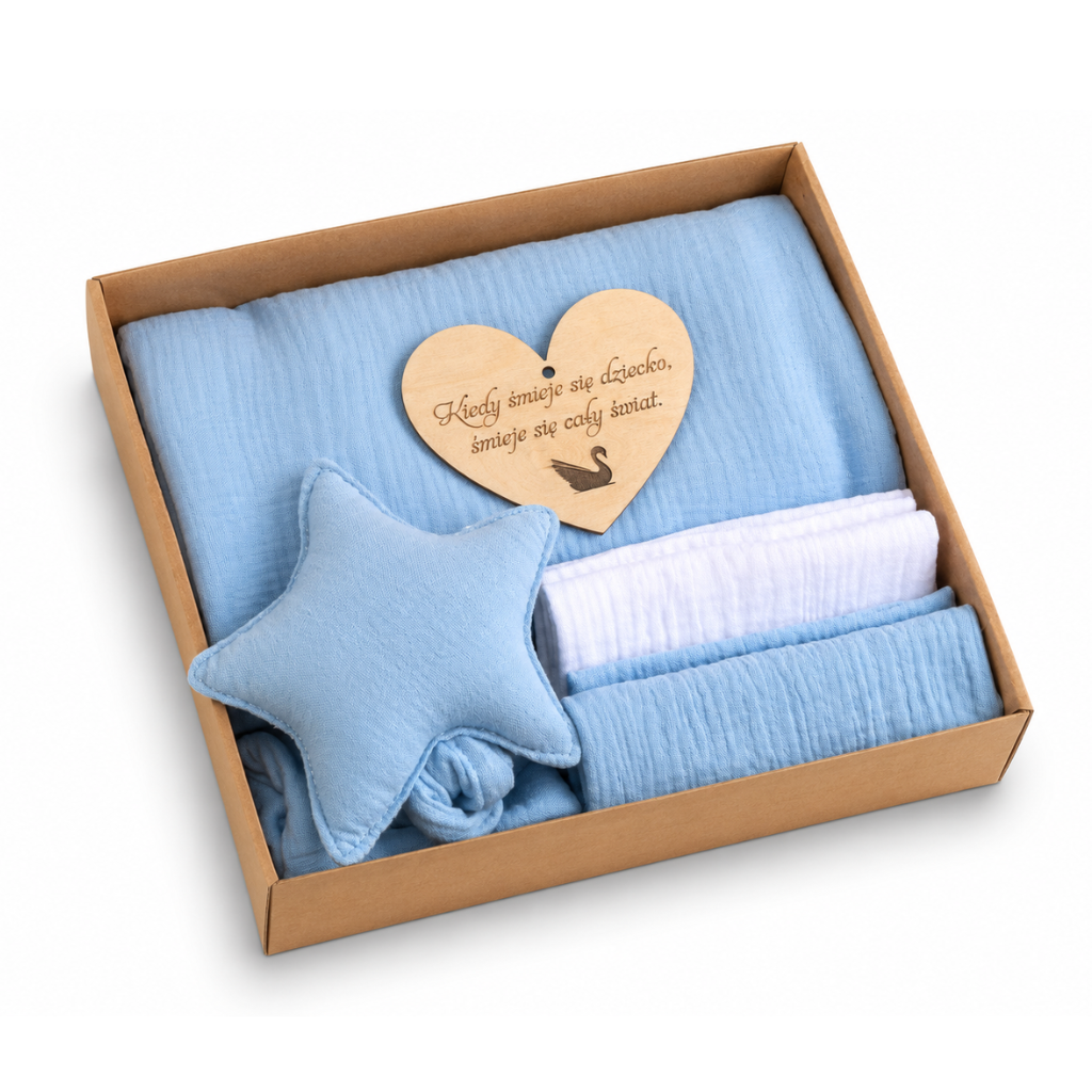 Baby Shower Box prezentowy:Otulacz Muślinowy,Pieluszki, Przytulak-niebieski