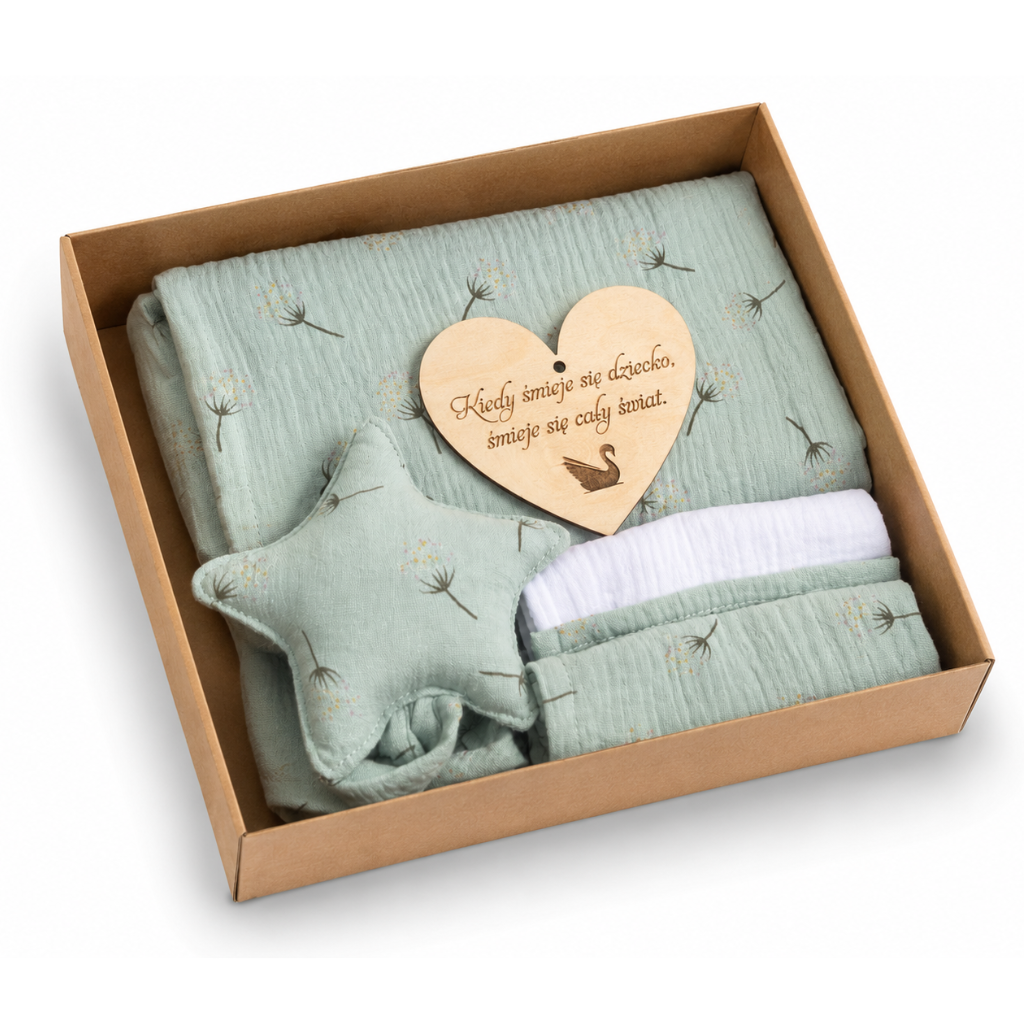 Baby Shower Box prezentowy:Otulacz Muślinowy,2×Pieluszki, Przytulak-miętowy