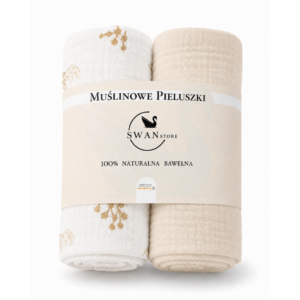 Pieluchy muślinowe 2szt. 60x60,komplet- kwiaty boho, beżowy, bawełna